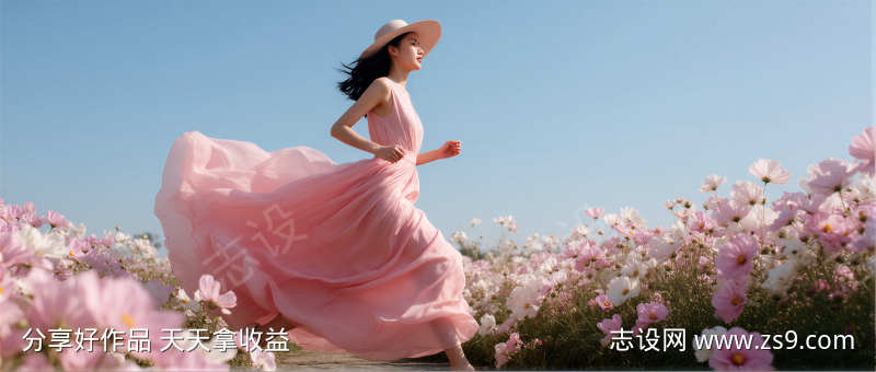 春日人物花丛中奔跑摄影图