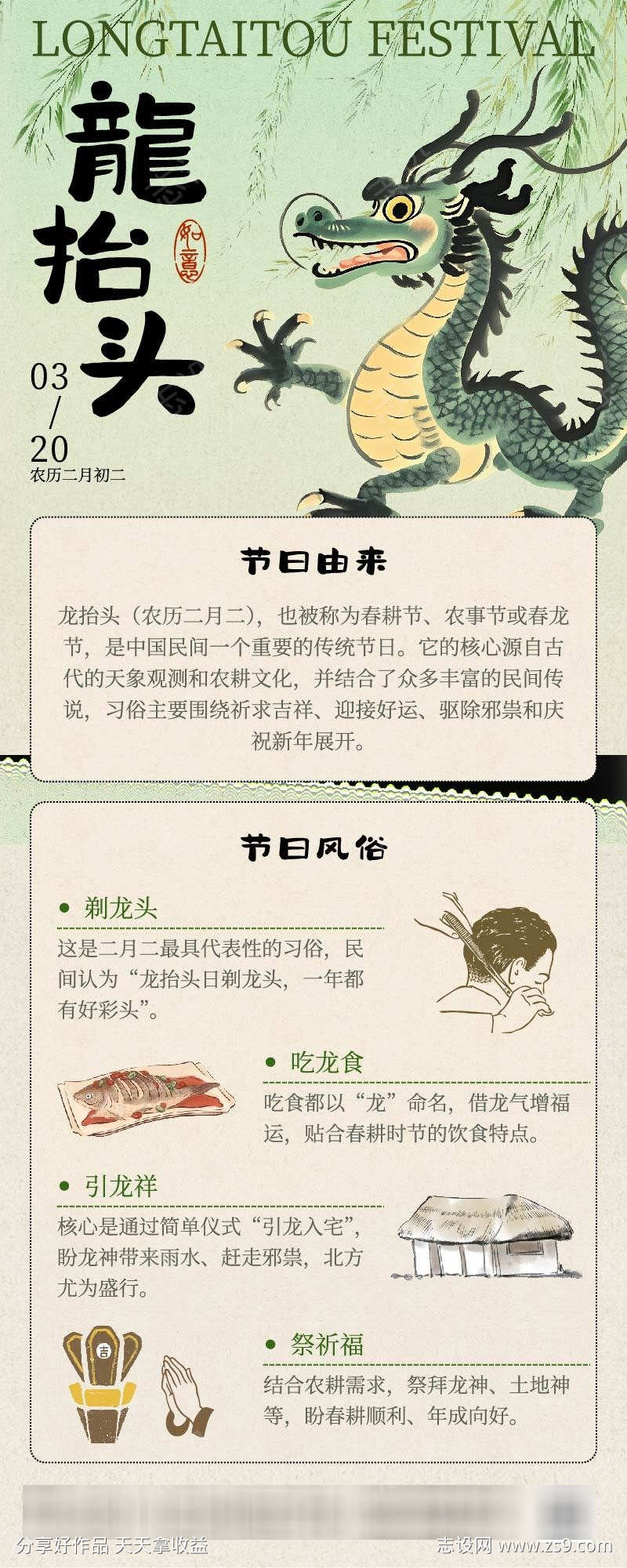 绿色国风水墨龙抬头节日科普宣传长图