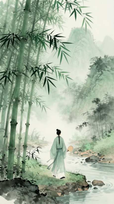 古风山水意境竹林深处国画_AI图片下载_euler采样_2304X4096像素-古风,山水,意境-作品编号:2026031321506735-志˰设’网