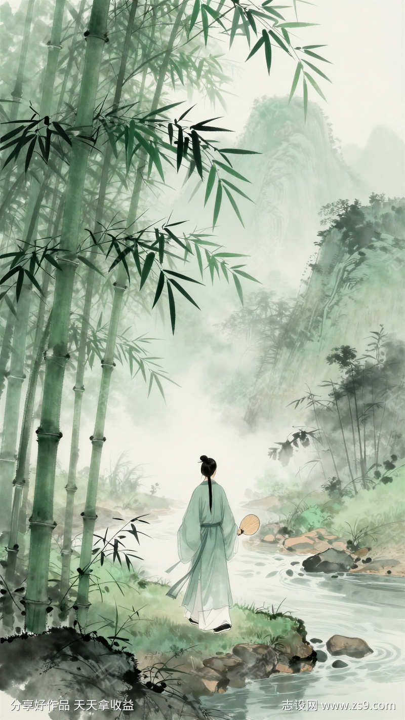 古风山水意境竹林深处国画