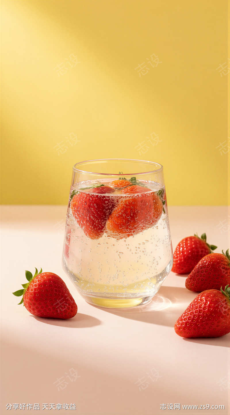 治愈简约生活背景草莓气泡水