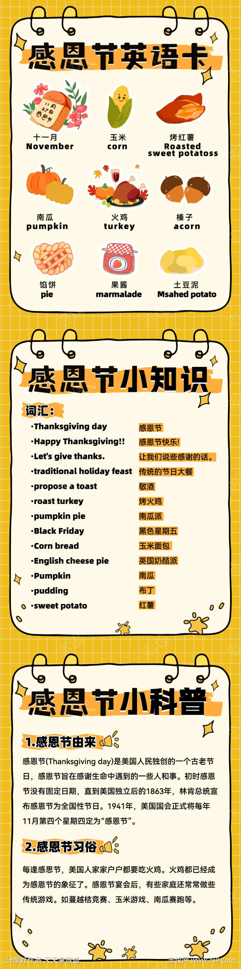 感恩节英语知识卡片3连