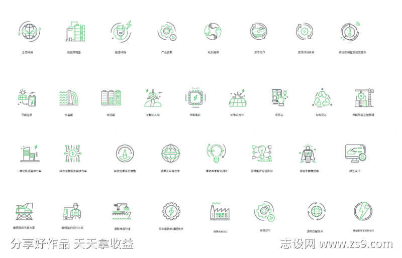 节能环保科技线稿图标集合