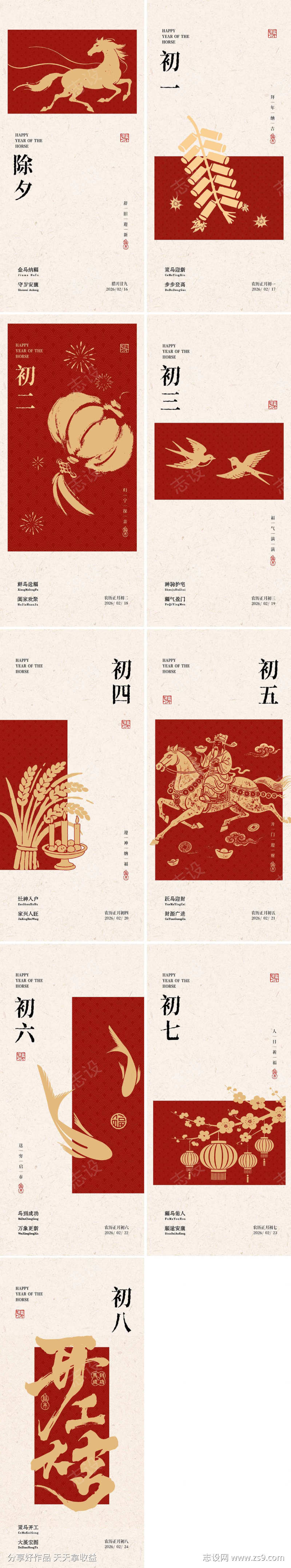 除夕至初八春节年俗海报