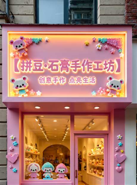 卡通风拼豆石膏手作工坊门头设计