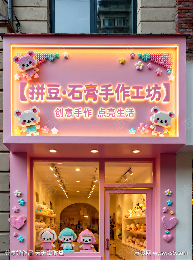 卡通风拼豆石膏手作工坊门头设计