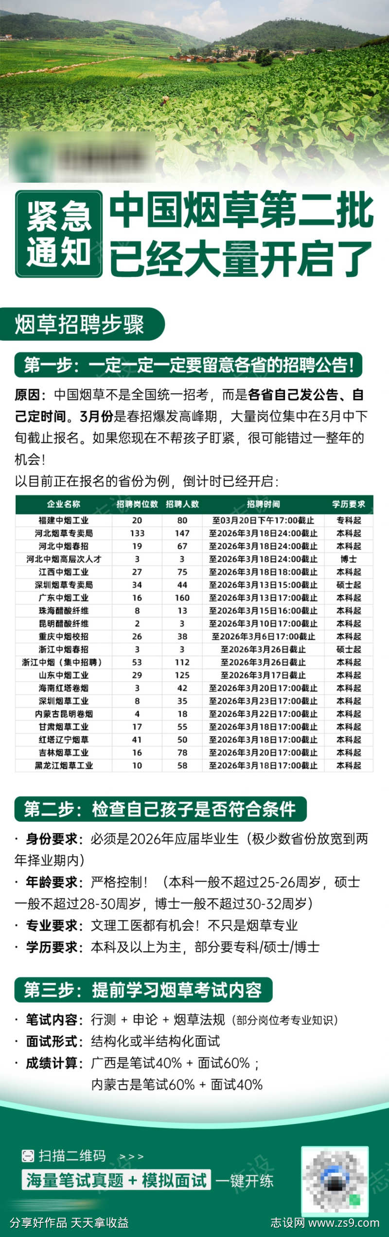 中国烟草招聘紧急通知海报长图