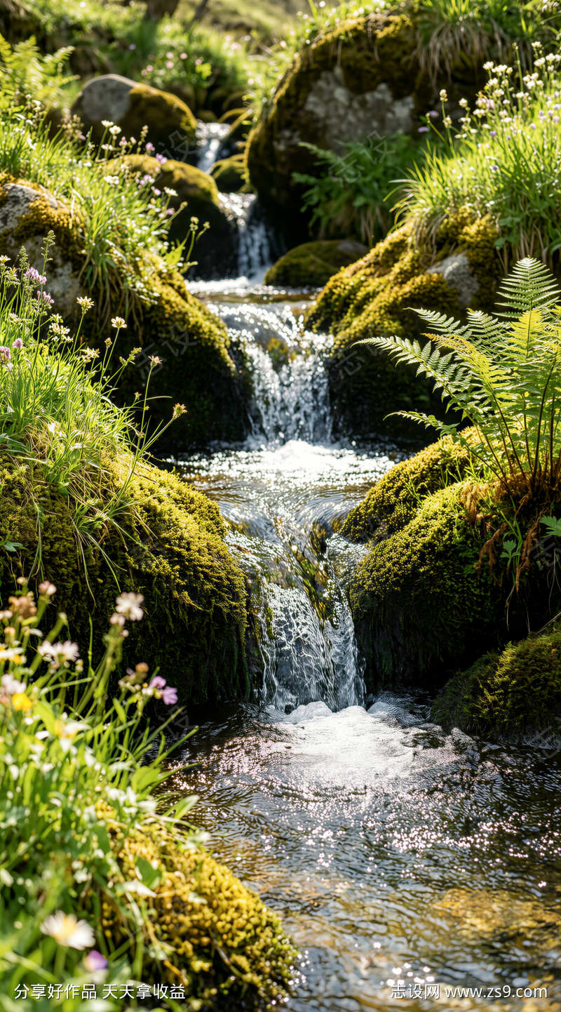 山涧溪流青苔岩石清泉治愈背景