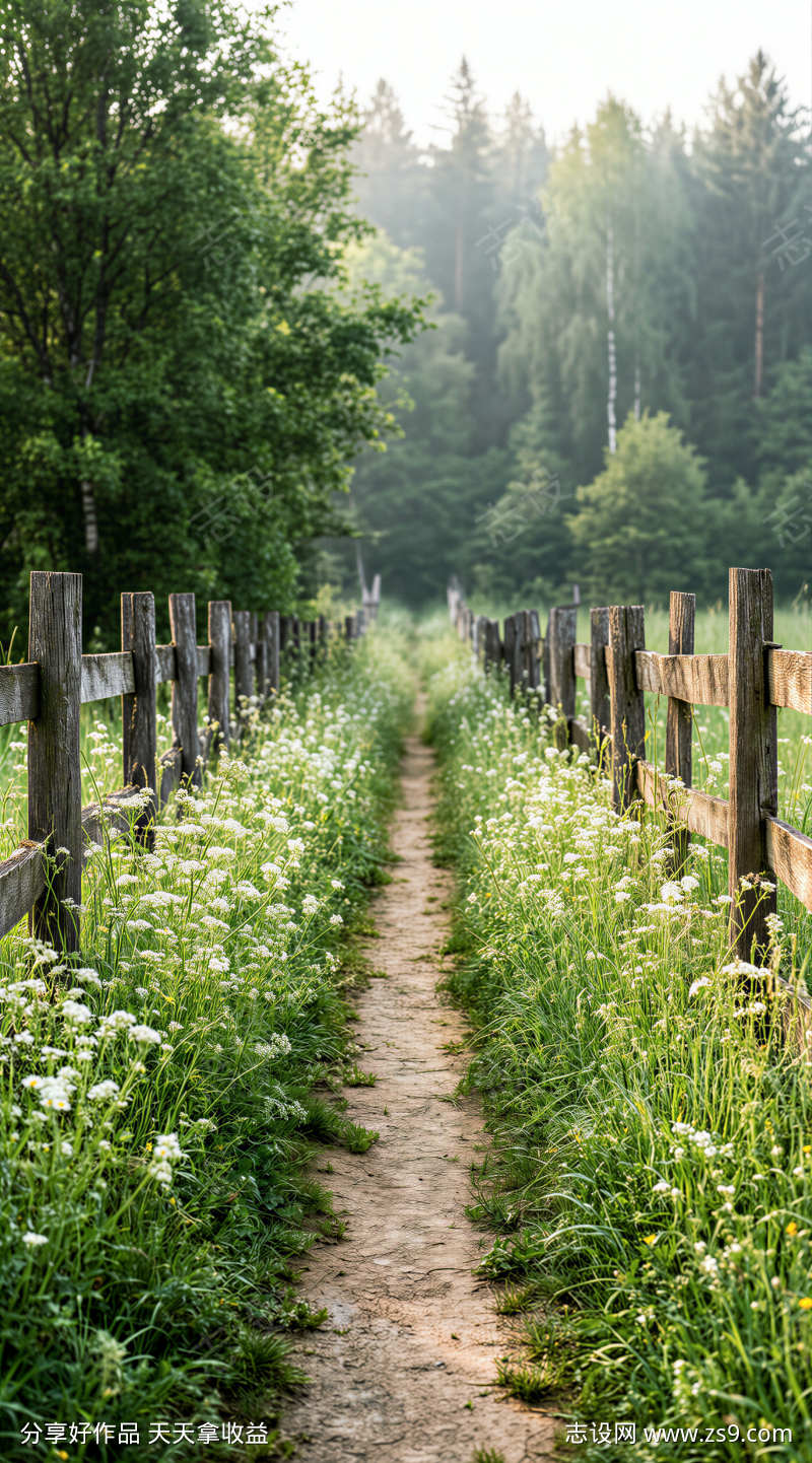 乡间小路野花篱笆田园治愈背景