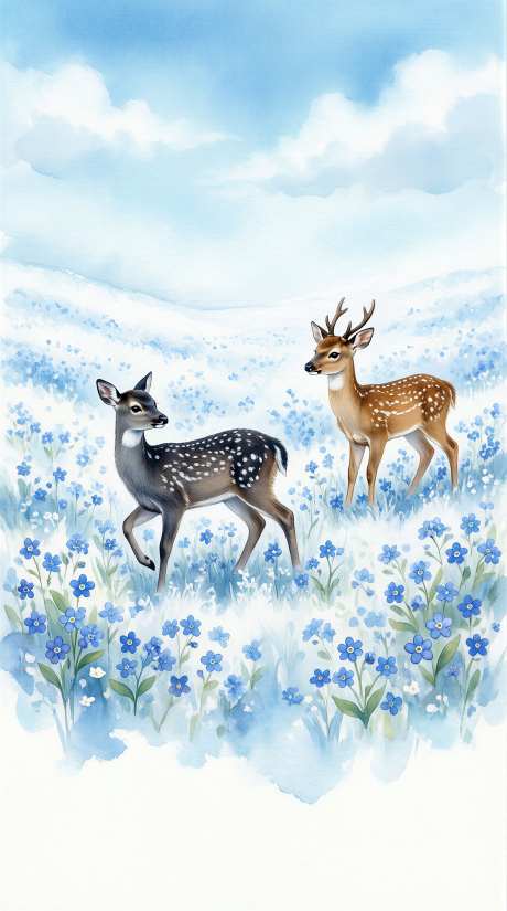 插画清新梦幻水彩风格小鹿绘画