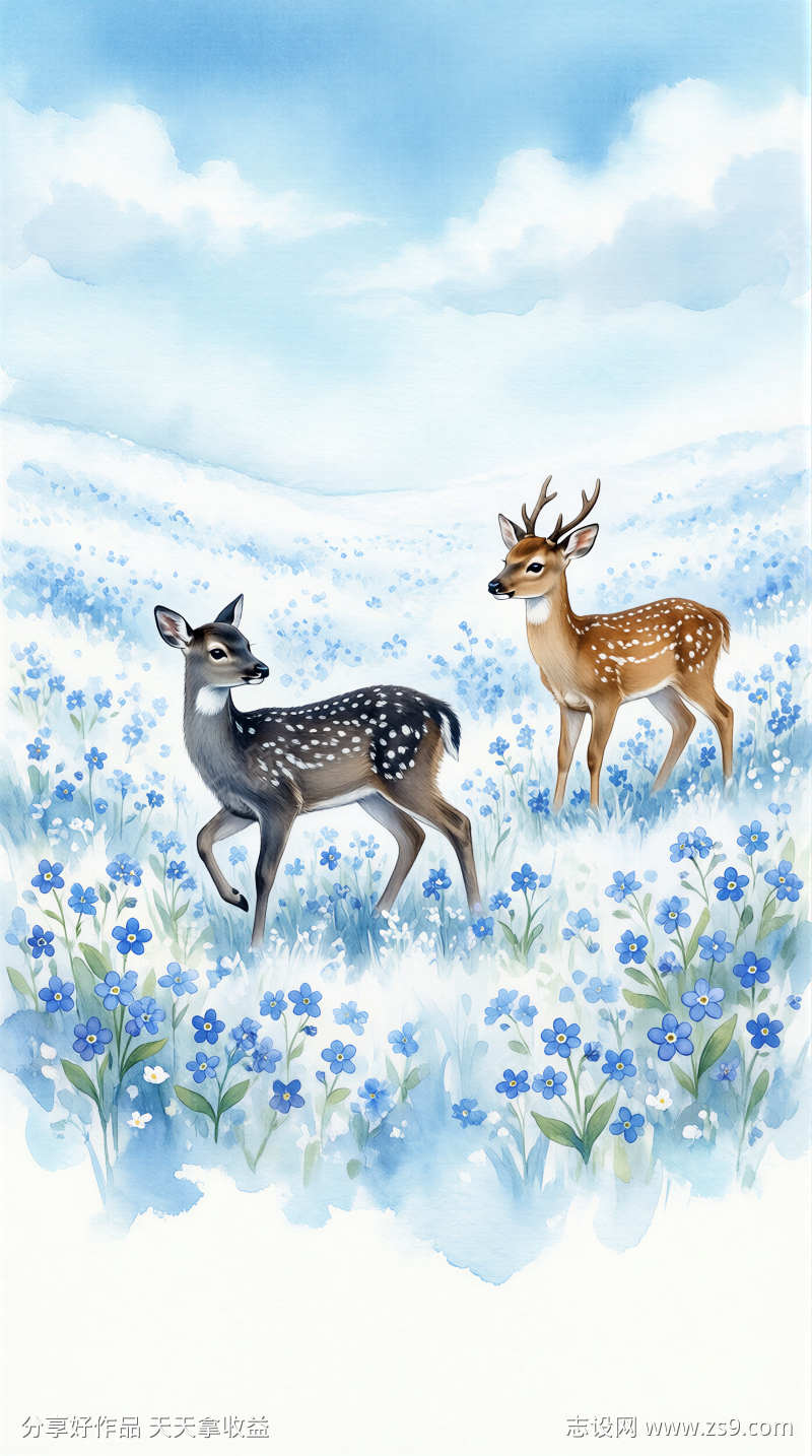 插画清新梦幻水彩风格小鹿绘画