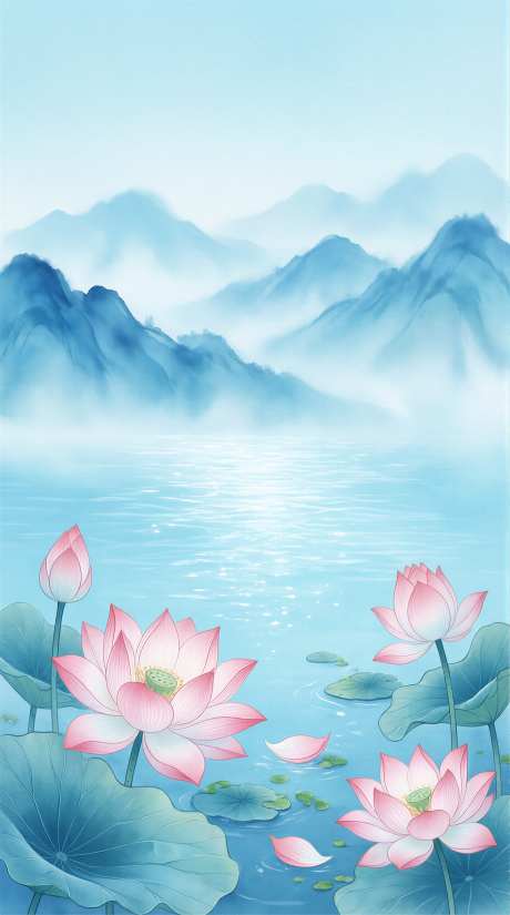 清新治愈新中式国风山水荷花插画壁纸_AI图片下载_采样_2284X4094像素-插画,荷花,国风-作品编号:2026041708217258-志˒设ˈ̹网