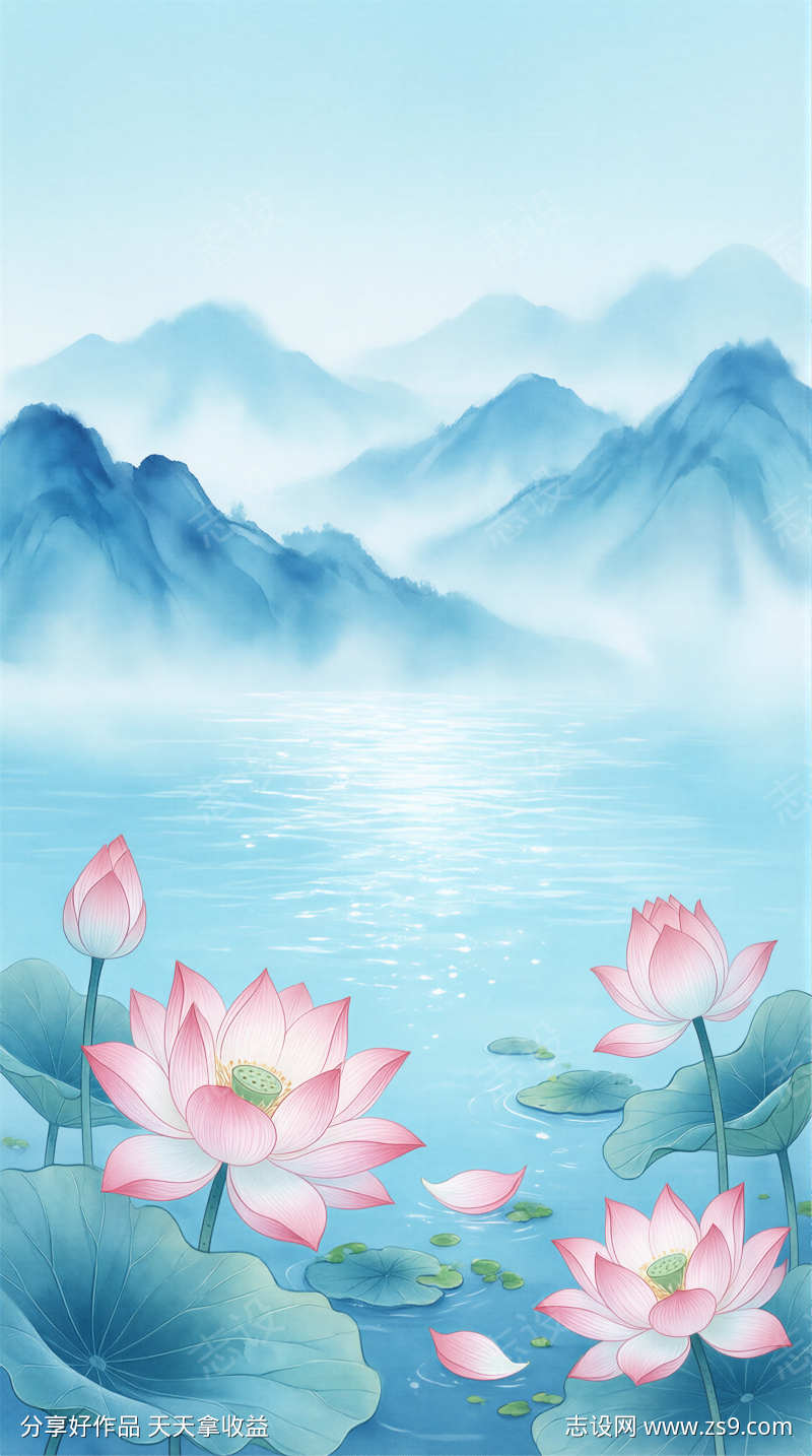 清新治愈新中式国风山水荷花插画壁纸