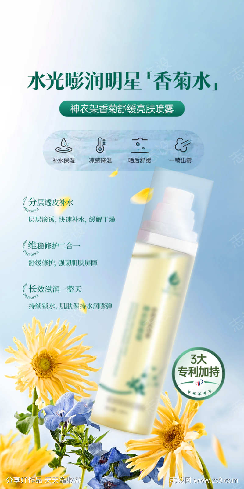 美业护肤品补水舒缓锁水定妆喷雾功效海报