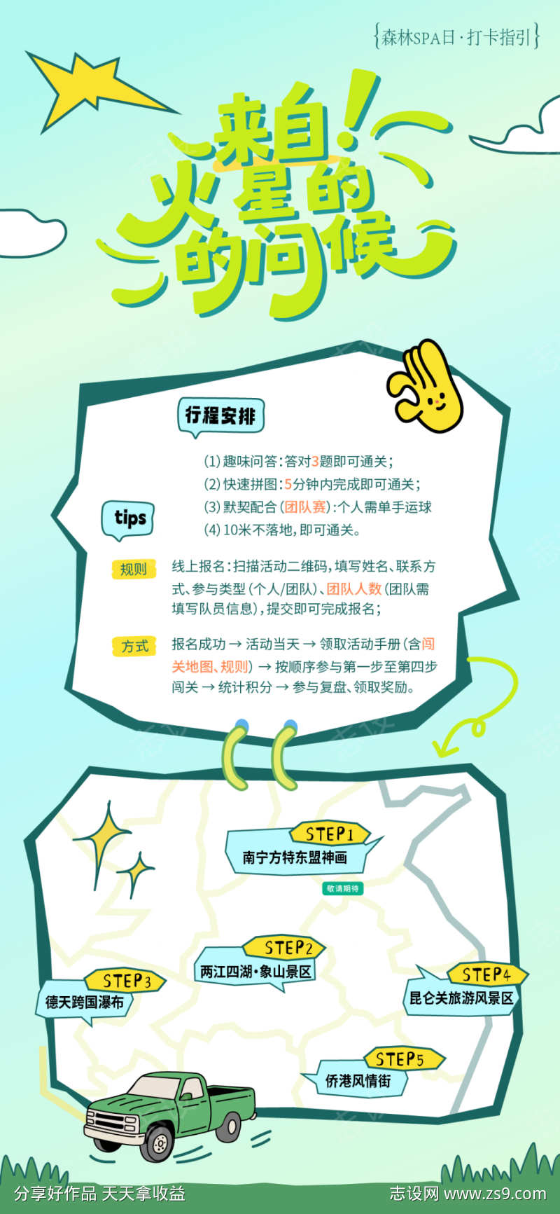 潮流时尚年轻活动路线行程安排手绘海报