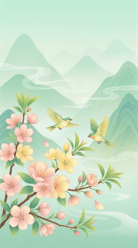 春日生机国风扁平化插画壁纸海报