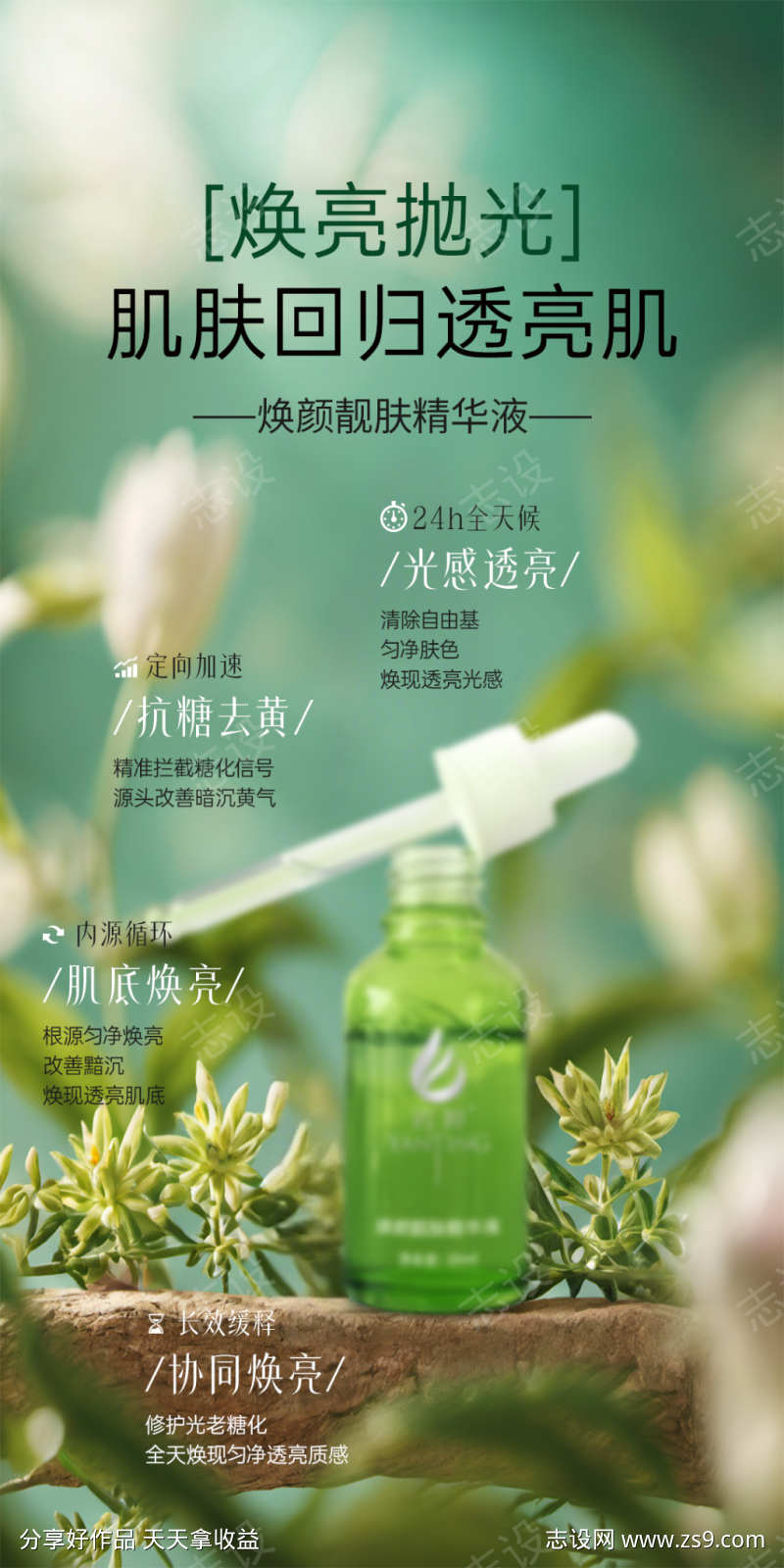 美业护肤品补水舒缓美白精华功效海报