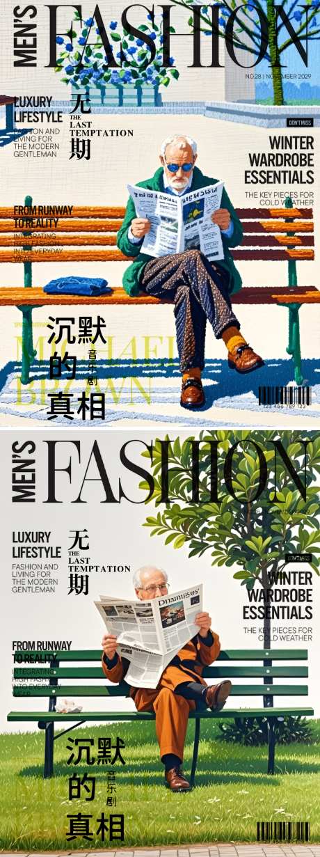 AIGC老人公园躺椅排版杂志封面创意海报