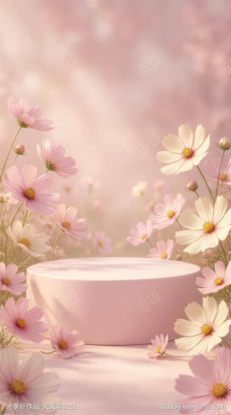 浅粉朦胧花卉电商产品圆形展台背景图