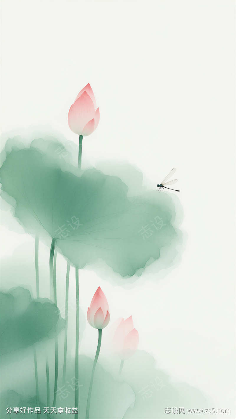 夏日荷叶荷花插画