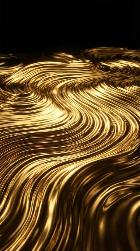 深黑色背景下的奢华流动金色液态金属波纹