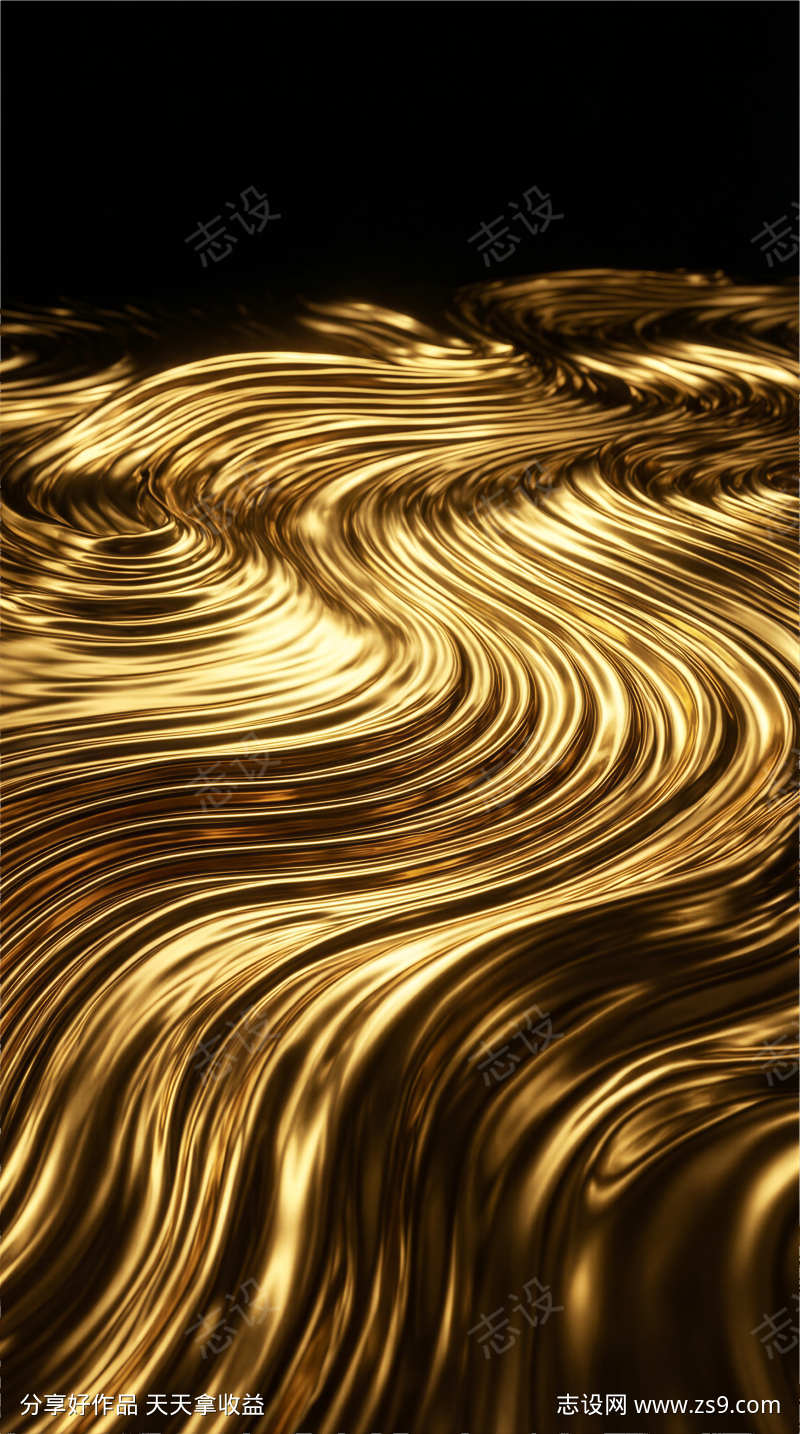 深黑色背景下的奢华流动金色液态金属波纹