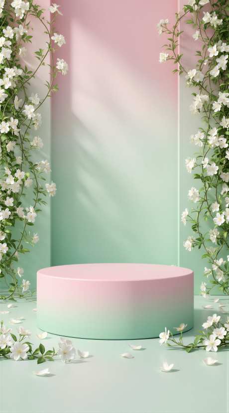 粉绿渐变白花藤蔓圆形展台3D背景