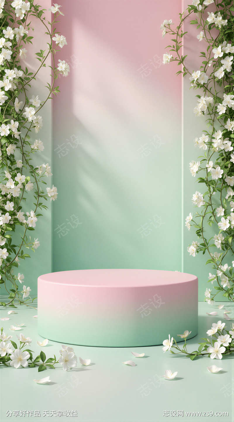 粉绿渐变白花藤蔓圆形展台3D背景