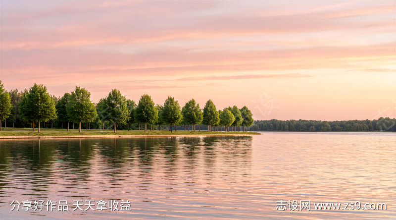初夏清雅晚霞水岸干净柔和暮色风景
