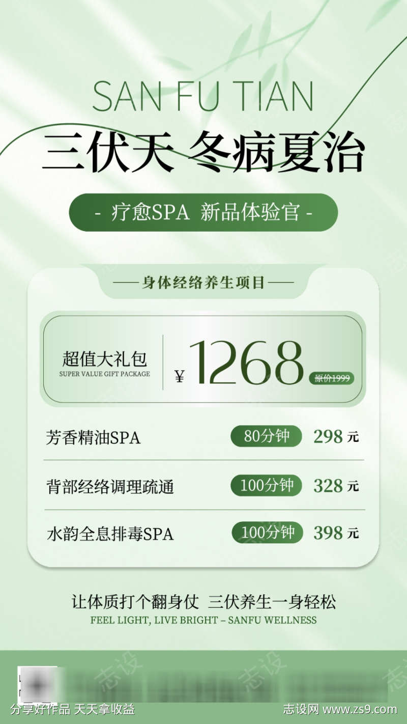 绿色清新三伏天冬病夏治SPA项目宣传手机