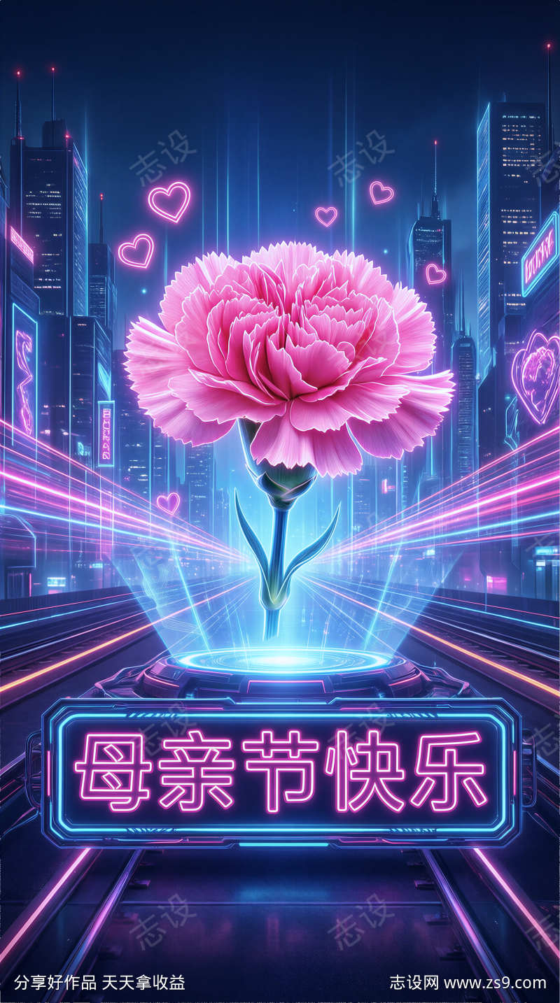 赛博朋克霓虹康乃馨母亲节海报背景