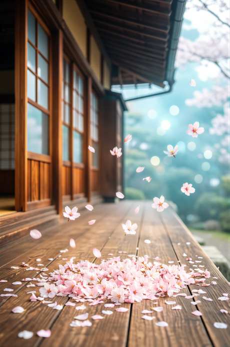 日式庭院里的樱花花瓣