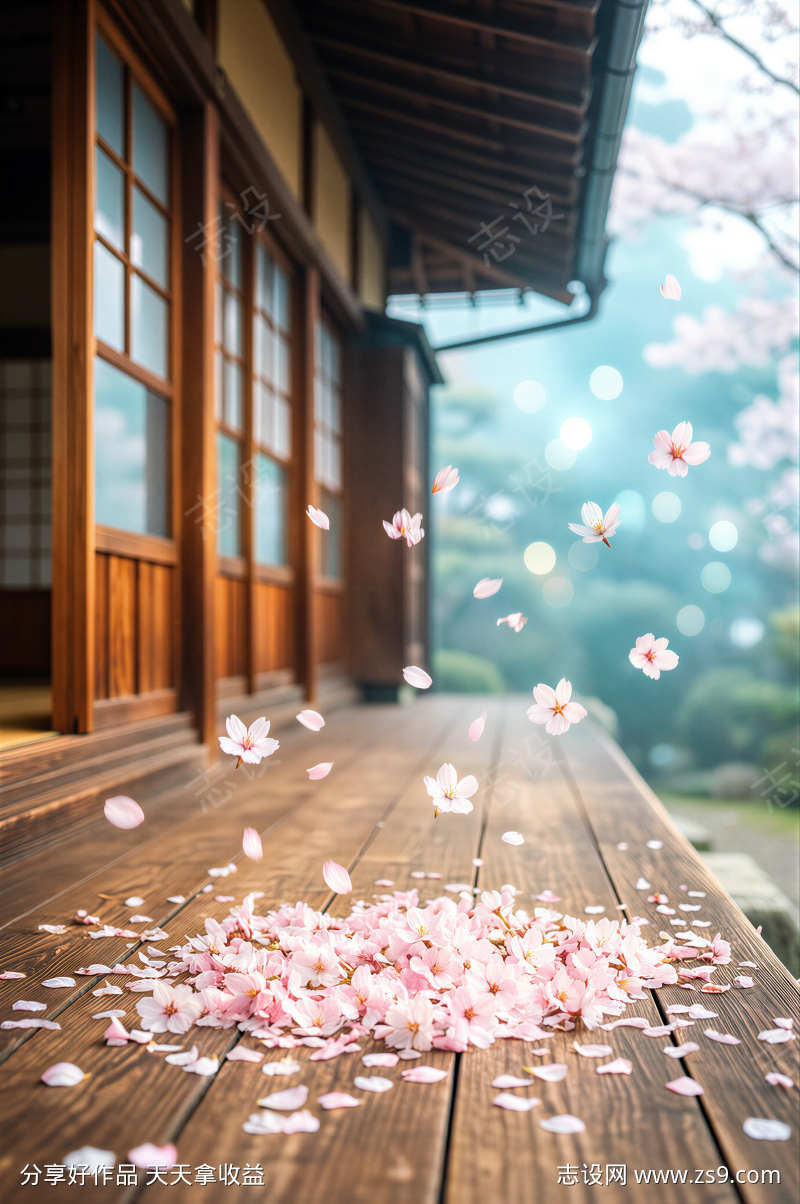 日式庭院里的樱花花瓣