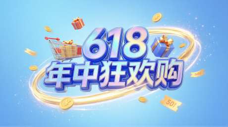电商618年中狂欢购横版海报镭射渐变3D
