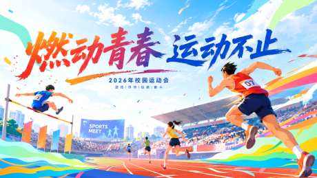 趣味运动会跑步跳高比赛背景板活动展板主画