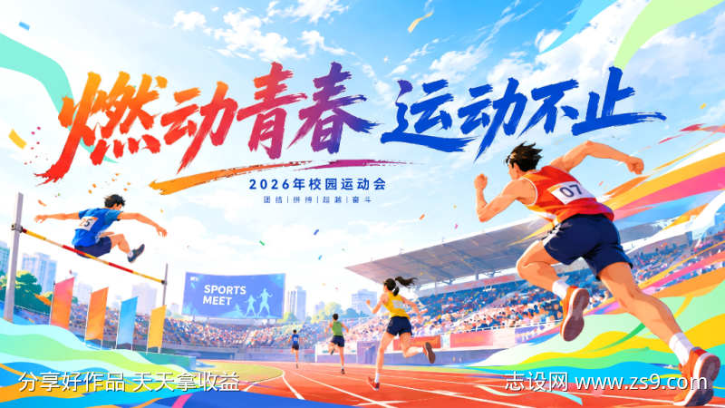 趣味运动会跑步跳高比赛背景板活动展板主画