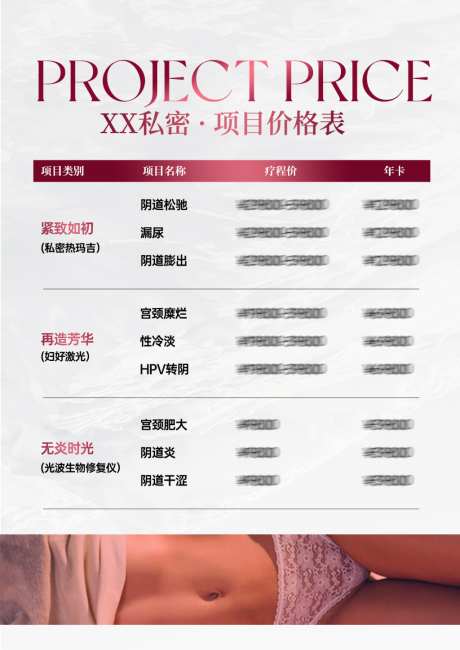 私密项目价目表