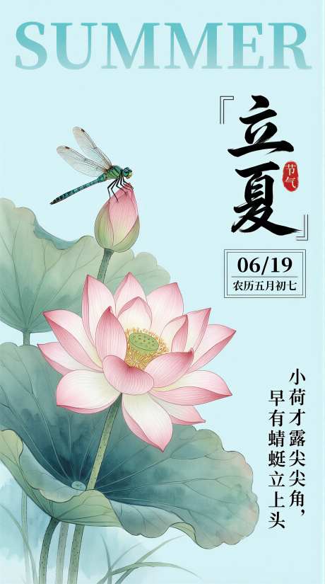 夏至荷花荷叶海报插画图片