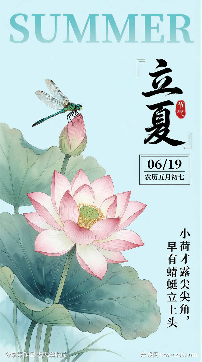 夏至荷花荷叶海报插画图片