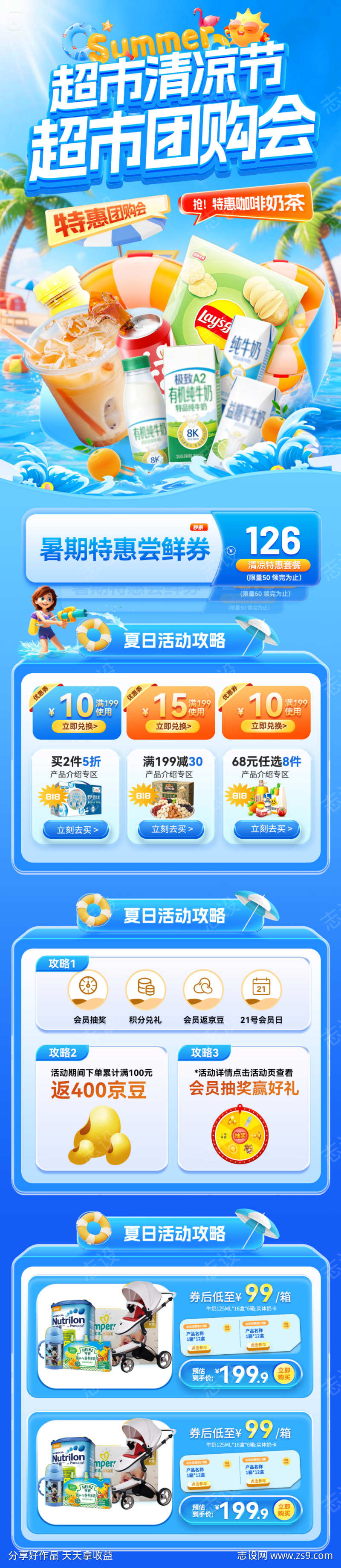 超市商超夏日清凉节团购会咖啡奶粉优惠券团