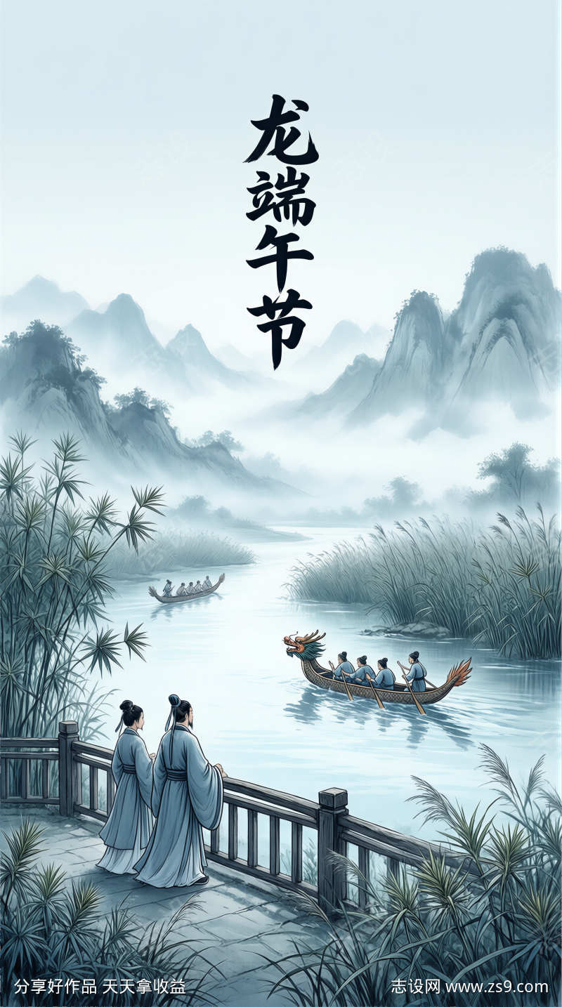端午节背景水墨画风
