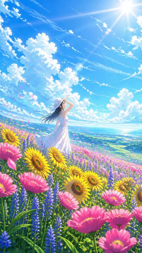 花海白裙少女治愈动漫风景