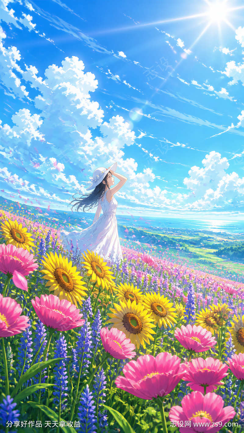 花海白裙少女治愈动漫风景