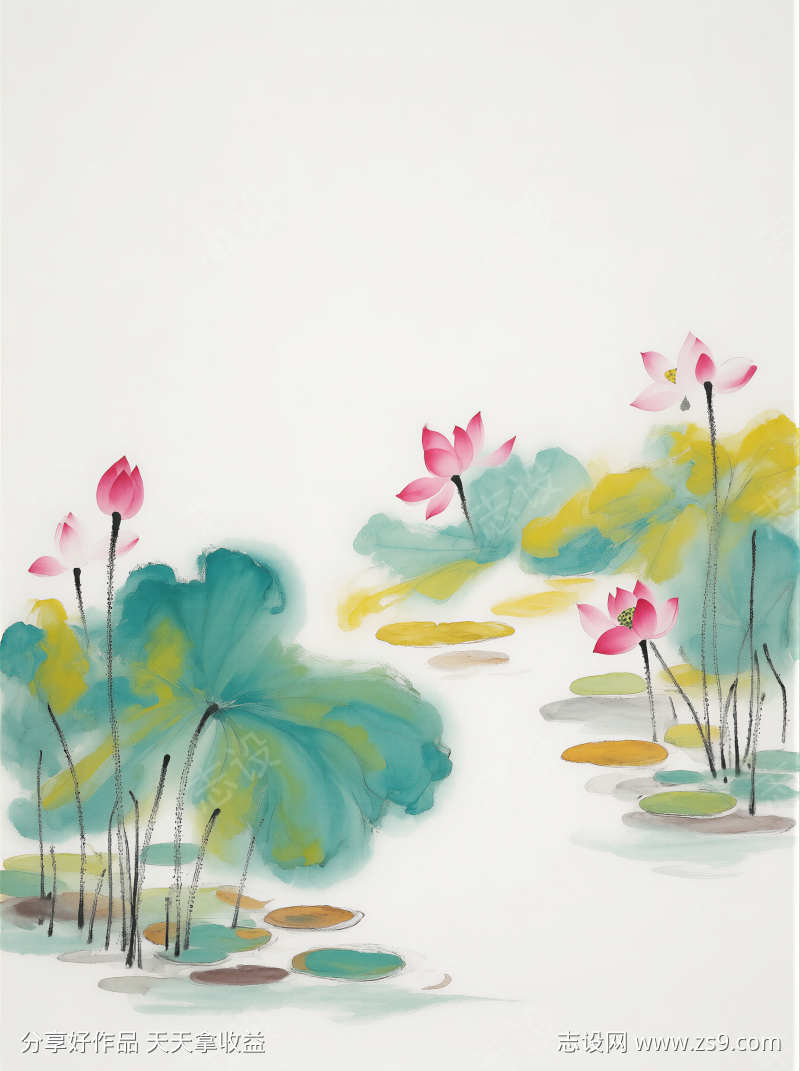 夏日荷花国画插画
