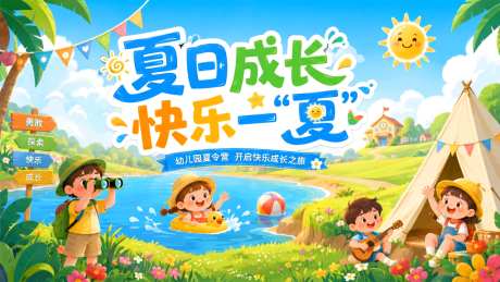 夏令营幼儿园少儿儿童旅游暑假出行背景板主