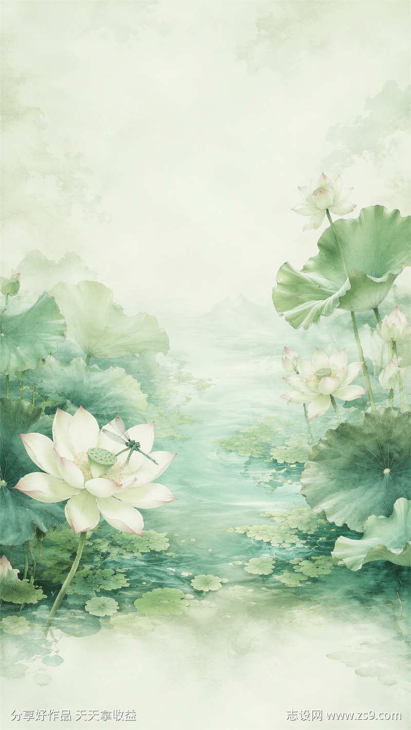 淡绿水墨荷花蜻蜓留白国风通用海报背景