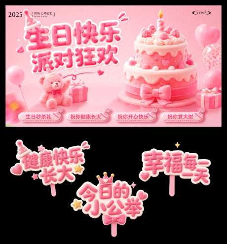 生日会生日快乐蛋糕气球小熊毛绒风氛围手举