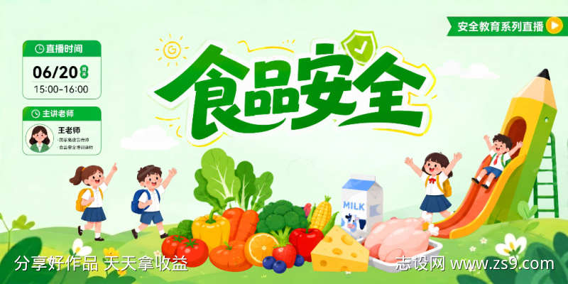 食品安全教育校园学校儿童卡通背景板活动展