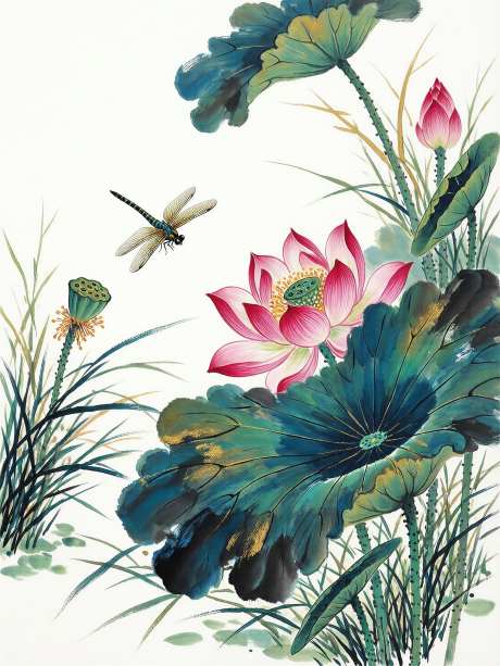 中国画笔触荷花国画