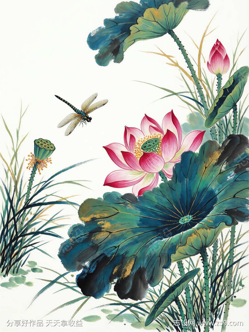 中国画笔触荷花国画